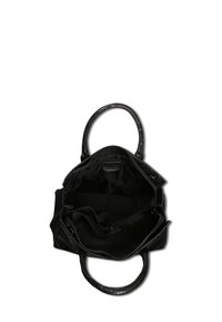 Zwarte draagtas met een gestructureerde buitenkant, dubbele handvatten en een ruime interieur met meerdere zakken en een ritssluiting.