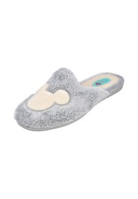 Zapatilla suave de color gris con un diseño de la cabeza de Mickey Mouse en crema y sutiles destellos plateados en la parte superior de peluche.