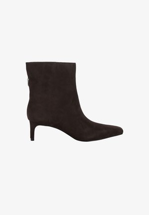Black suede ankle boot with pointed toe and short stiletto heel, side zipper closure, and smooth texture.