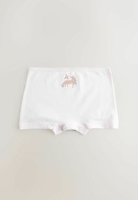 Shorts blancs pour enfants avec bordure en dentelle et petit motif de licorne et de fleurs centré sur la ceinture avant.