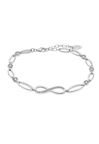 Bracelet en argent comprenant une série de maillons ovales et d'accents circulaires avec des pierres transparentes incrustées, mettant en valeur un motif de symbole infini.