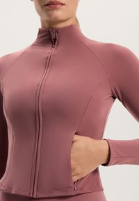 Fitted, long-sleeve, zip-up top in dusty rose fabric with smooth texture; features side pockets and a high collar.