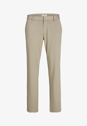 Beige tailored pants made of soft fabric, featuring a smooth texture, belt loops, and a flat front design. No visible patterns or accents.