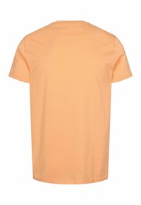 Īsām piedurkņu t-krekls gaiši persiku krāsā, izgatavots no mīkstas kokvilnas, ar klasisku apaļu kakla izgriezumu un viendabīgu, gludu tekstūru.