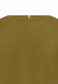 Olive green t-shirt with a smooth texture, round neckline, and a subtle design, featuring a small stitched detail at the back.