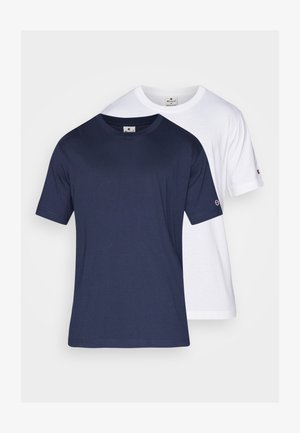 Two short-sleeve T-shirts: one navy blue and one white, made of cotton, featuring a crew neck and a small logo on the sleeve.