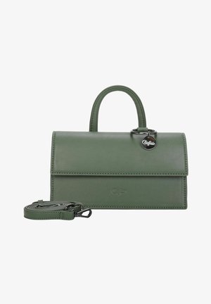 Grüne Handtasche aus Kunstleder mit strukturierter Form, Oberhandgriff, abnehmbarem Schultergurt und Marken-Anhänger. Glatte Textur mit sichtbaren Nähten.