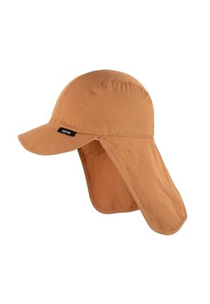 Light brown sun hat with extended neck flap and short curved brim, small black tag labeled "Pure Pure" on the side.