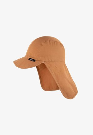 Light brown sun hat with extended neck flap and short curved brim, small black tag labeled "Pure Pure" on the side.