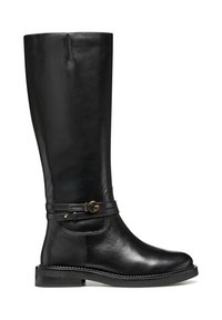 Botas de cuero negro hasta la rodilla con punta redonda, textura suave, detalle de correa con una hebilla dorada y suela plana.