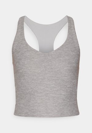 Gray sleeveless crop top with a wide round neckline and a cutout back. Made of soft, stretchy fabric with a smooth texture.