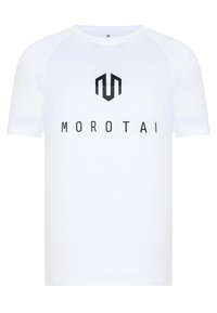 Hvit T-skjorte med rund hals og korte raglanslater. Har en svart logo og teksten "MOROTAI" på forsiden. Myk tekstur.