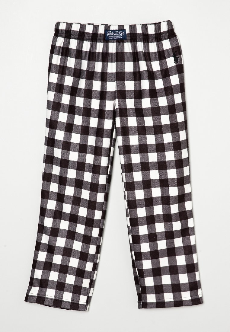 Pantalons de pyjama à carreaux noirs et blancs avec une taille élastique et des jambes droites, fabriqués à partir d'un tissu doux au toucher lisse.