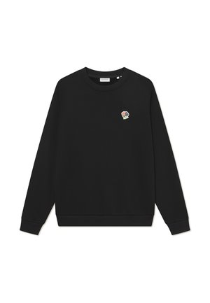 Zwarte sweatshirt met lange mouwen, geribde boorden en zoom, voorzien van een kleine meerkleurige bloemenborduursel op de linkerkant van de borst.