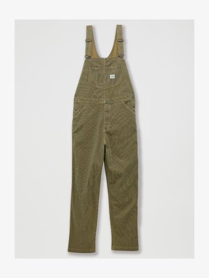 Oliivroheline viltkangast kombinesoon, millel on reguleeritavad rihmad, ees taskud ja taga tasku, kus on väike kaubamärgi silt. Vertikaalne ribastik.