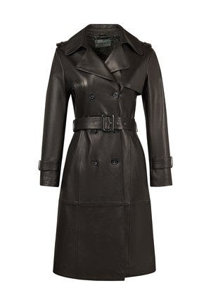 Zwarte dubbelgeknoopte leren trenchcoat met brede revers, ceintuur in de taille, lange mouwen en knoopmanchetten.