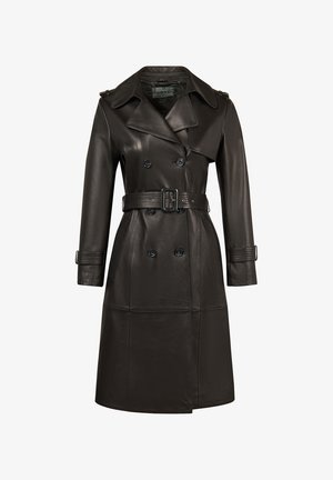 Trench coat in pelle nero doppiopetto con ampi revers, vita con cintura, maniche lunghe e polsini abbottonati.