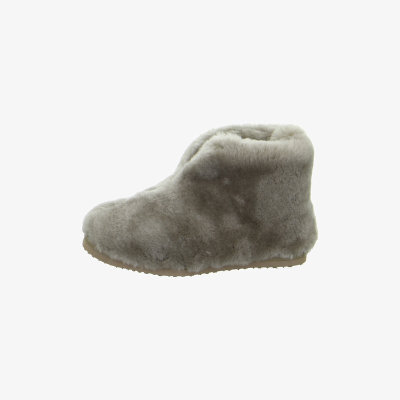 Soft, gray fur-lined ankle slipper with a rounded toe and flat sole, designed for indoor comfort and warmth.