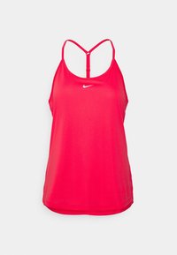 Canotta atletica rossa con spalline sottili, logo Nike bianco, tessuto liscio, design aderente e orlo dritto nella parte inferiore.