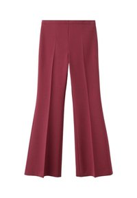 Pantalon bordeaux à jambes larges avec une taille haute, présentant des plis sur le devant et un tissu lisse et texturé. Lignes épurées et absence de fermetures visibles.