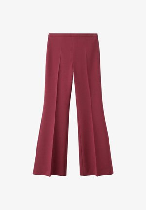 Bordeaux wijde broek met hoge taille, voorzien van voorplooien en een gladde, gestructureerde stof. Strakke lijnen zonder zichtbare sluitingen.