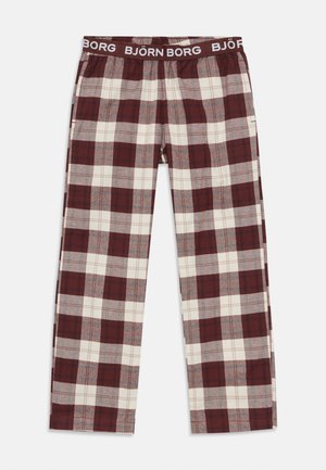 Plaid pajama pants in burgundy, cream, and gray. Soft fabric with an elastic waistband featuring the brand name "BJÖRN BORG."