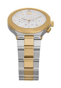 Orologio da polso in tonalità argento e oro, caratterizzato da una cassa rotonda con quadrante bianco, funzionalità cronografiche e bracciale in acciaio inossidabile.