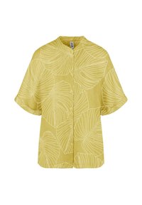 Camicia gialla a maniche corte con un motivo a foglie bianche, chiusura con bottoni, tessuto leggero e silhouette rilassata e quadrata.