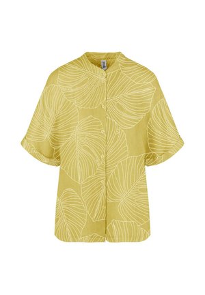 Camicia gialla a maniche corte con un motivo a foglie bianche, chiusura con bottoni, tessuto leggero e silhouette rilassata e quadrata.