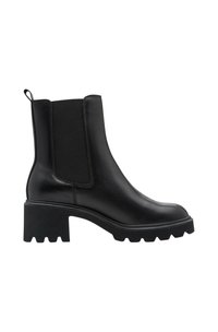 Bottine noire en cuir avec talon épais, panneau latéral élastique, languette à l'arrière et semelle à crampons.