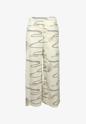 Pantaloni a gamba larga in tessuto crema con linee ondulate nere e sottili motivi botanici verdi e beige. Tessuto liscio e vita sagomata.