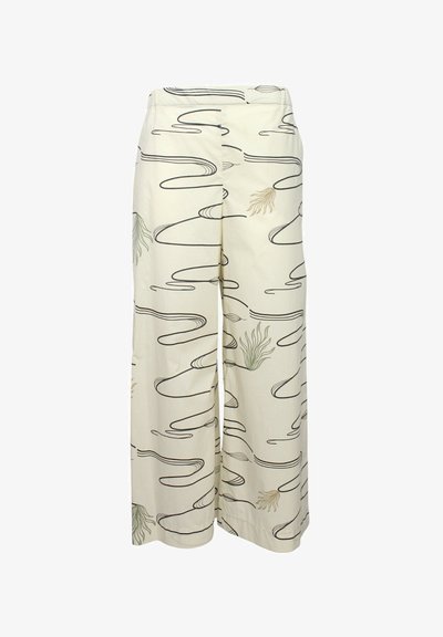 Pantaloni a gamba larga in tessuto crema con linee ondulate nere e sottili motivi botanici verdi e beige. Tessuto liscio e vita sagomata.