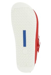 Red sandal with a white rubber sole. Features metallic buckle closure and textured grip pattern on the sole for traction.