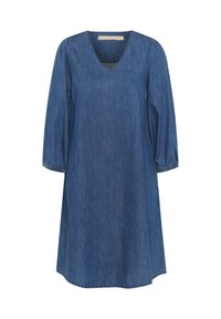 Jeans jurk met een V-hals, driekwart pofmouwen en een A-lijn silhouet. Middelblauwe kleur, gladde textuur en zonder zichtbare patronen.