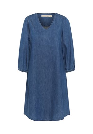 Denimi kleit V-dekoltee, kolmeveerandi puffi varrukate ja A-lõikega siluetiga. Keskmiselt sinine värv, sile tekstuur ja nähtavaid mustreid pole.