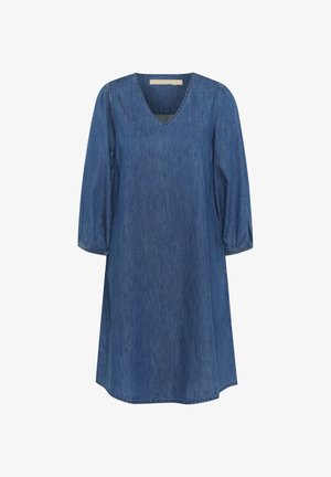 Denimi kleit V-dekoltee, kolmeveerandi puffi varrukate ja A-lõikega siluetiga. Keskmiselt sinine värv, sile tekstuur ja nähtavaid mustreid pole.