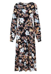 Svart långärmad blommig klänning med pastellfärgade blommor, rund halsringning och en trelagerskjol. Lättviktig tyg med en luftig känsla.
