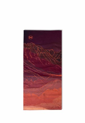 Diseño de paisaje montañoso con tonos naranja y rojo sobre tela rectangular, con un pequeño logo circular de Buff en la parte superior izquierda.