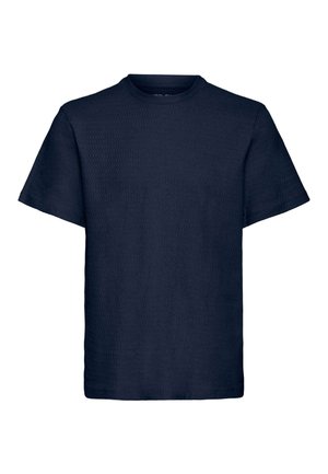 Navy blue short-sleeve crew neck t-shirt with a subtle textured pattern on fabric, displayed on a white background.