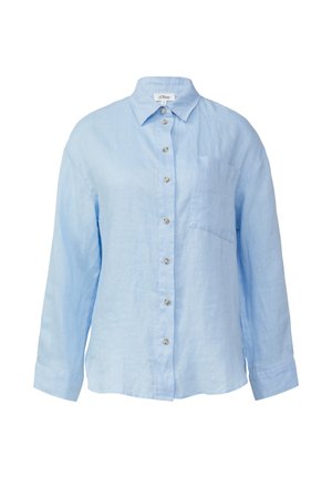 Light blue, long-sleeve shirt made of linen. Features a button-up front, collar, and single chest pocket. Soft texture and relaxed fit.