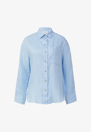 Jasnoniebieska, długosławkowa koszula z lnu. Posiada zapięcie na guziki z przodu, kołnierzyk oraz jedną kieszonkę na piersi. Miękka tekstura i luźny krój.