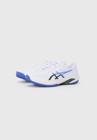 White athletic shoes with a mesh upper, black and blue accents, rounded toe, and a textured blue sole for grip.