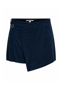 Jupe portefeuille bleu marine foncé avec un ourlet asymétrique et une petite boucle en métal sur la ceinture.