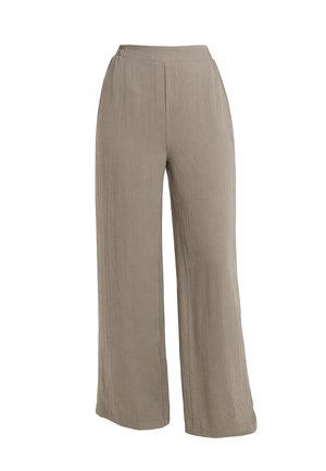 Lichtbruine wijde broek met elastische tailleband, gemaakt van gestructureerde stof, plat liggend weergegeven op een witte achtergrond.