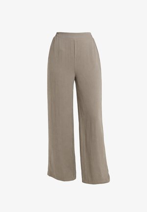 Pantaloni marrone chiaro a gamba larga con vita elastica, realizzati in tessuto strutturato, mostrati stesi su uno sfondo bianco.