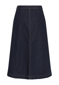 Mørk denim A-formet nederdel med knælængde, der har kontrasterende syninger og en front midtersøm. Glat tekstur og rene linjer.