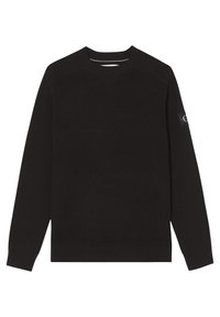 Maglione nero a coste con maniche lunghe, colletto rotondo, fessure laterali e una patch con logo sulla manica sinistra. Tessuto testurizzato su tutta la superficie.