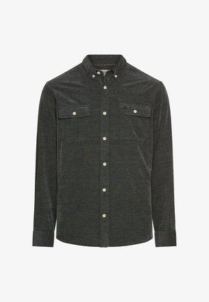 Donkergroen ribfluweel overhemd met een button-down kraag, twee borstzakken en witte knopen. Bevat fijne verticale strepen. Regular fit.
