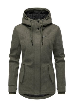 Veste d'hiver pour femmes à capuche vert olive avec cordons de serrage, boutons avant, fermeture éclair, poches à rabat et poignets côtelés.