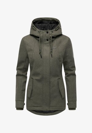 Olijfgroene vrouwen winterjas met capuchon, met trekkoorden, knopen aan de voorkant, ritssluiting, klepzakken en geribde manchetten.